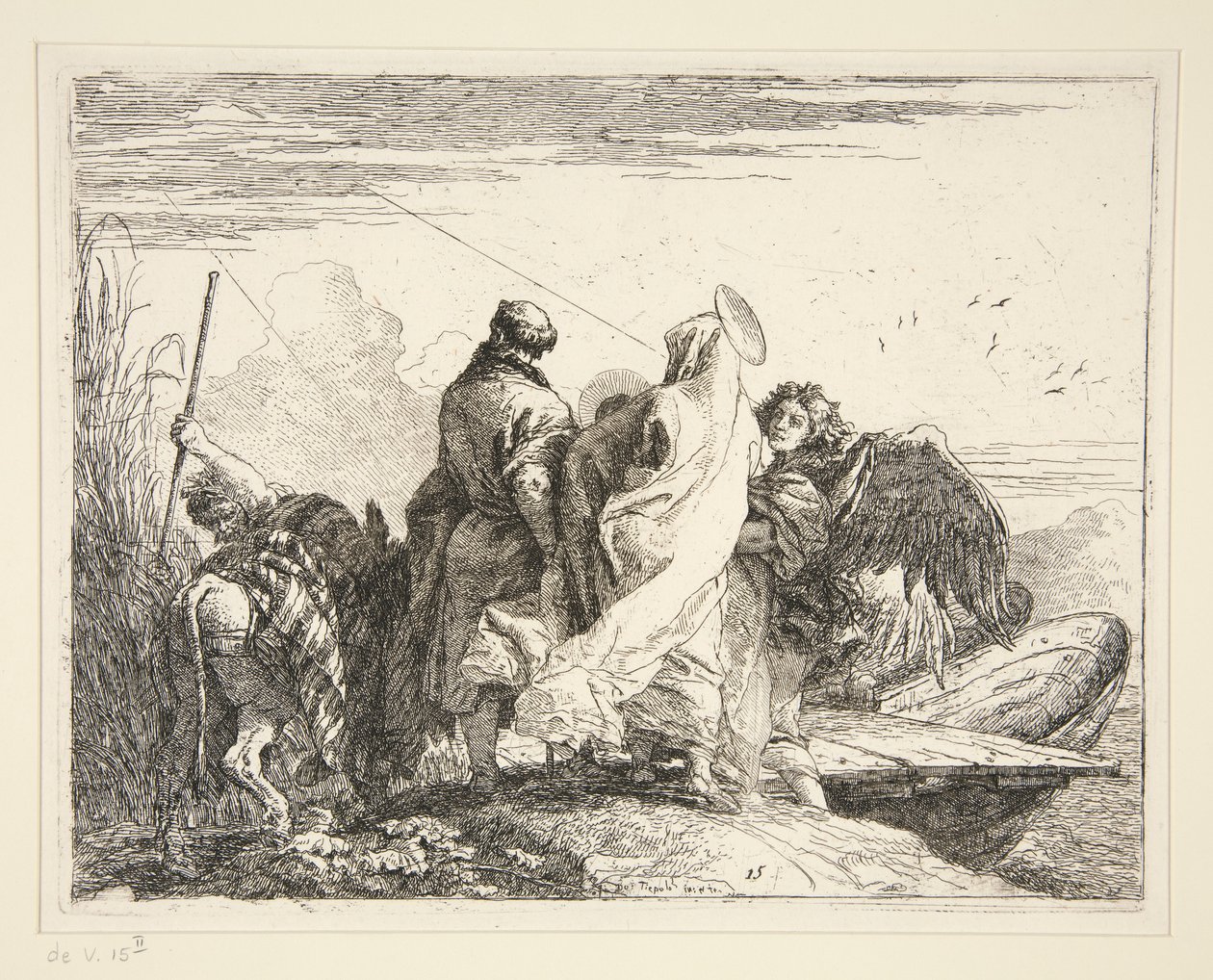 Pyhä perhe joen rannalla, sarjasta Idee pittoresche sulla fuga in Egitto (lento Egyptiin) tekijältä Giovanni Domenico Tiepolo