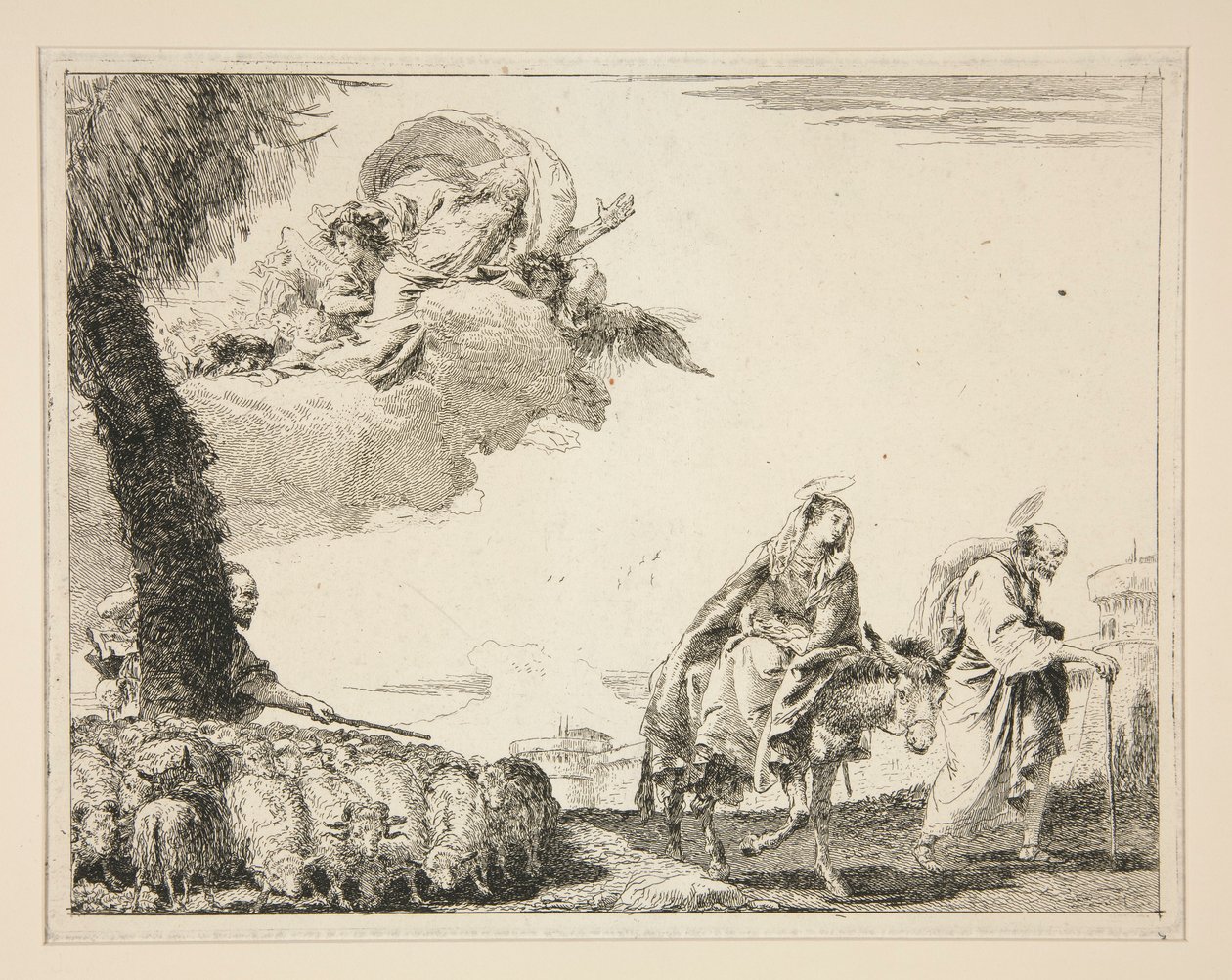 Pyhä perhe sarjasta Kuvankaunis ideoita Egyptin lennon yli (lento Egyptiin) tekijältä Giovanni Domenico Tiepolo