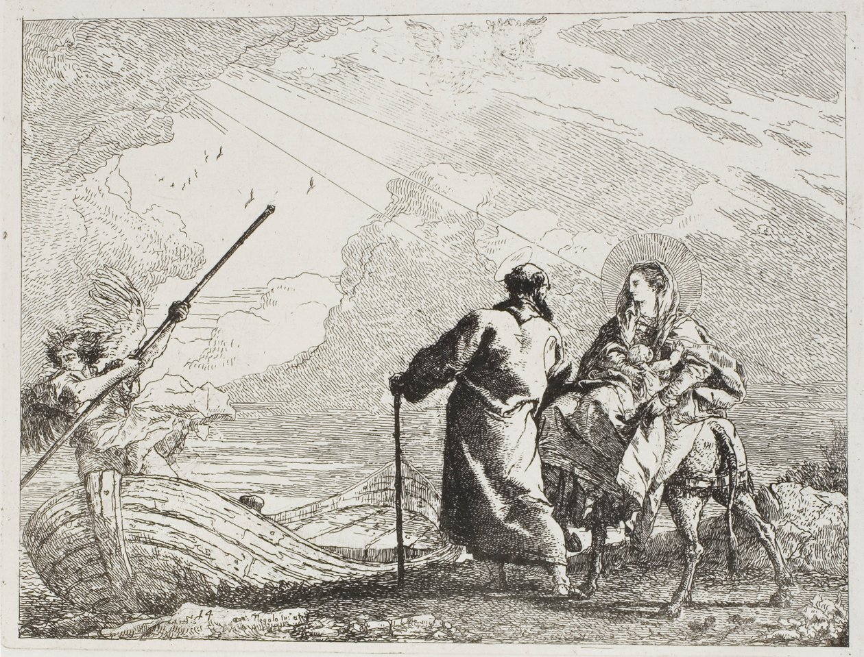 Pyhä perhe joen rannalla, levy neljätoista kappaleesta Lento Egyptiin tekijältä Giovanni Domenico Tiepolo