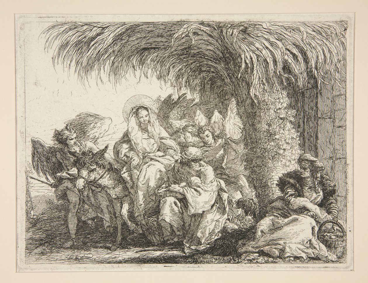 Pyhä perhe palmun alla, sarjasta Idee pittoresche sopra la fuga in Egitto (lento Egyptiin) tekijältä Giovanni Domenico Tiepolo