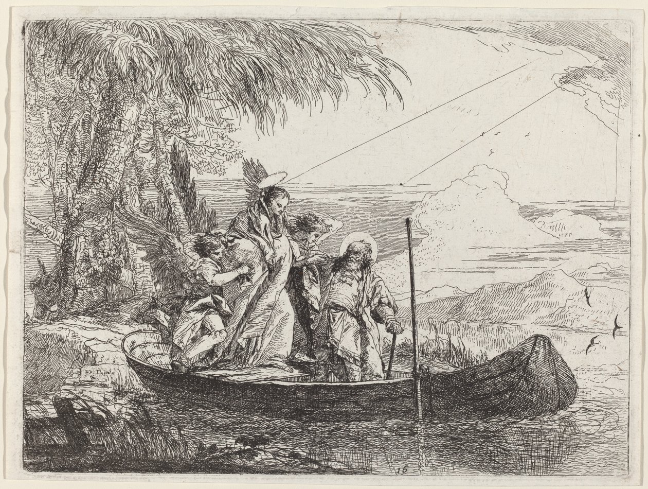Madonna, lapsi ja enkelit astumassa veneeseen tekijältä Giovanni Domenico Tiepolo