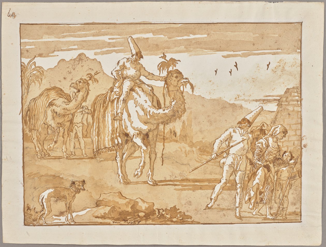 Der Punchinello reitet auf einem Kamel an der Spitze einer Karawane tekijältä Giovanni Domenico Tiepolo