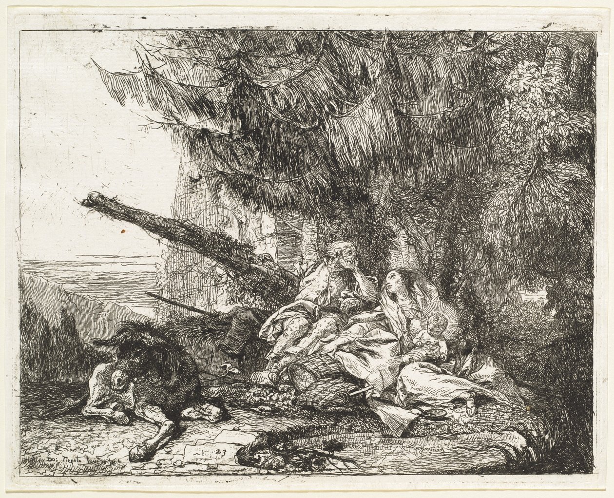 Lepo lennossa Pyhän perheen kanssa puun alla tekijältä Giovanni Domenico Tiepolo