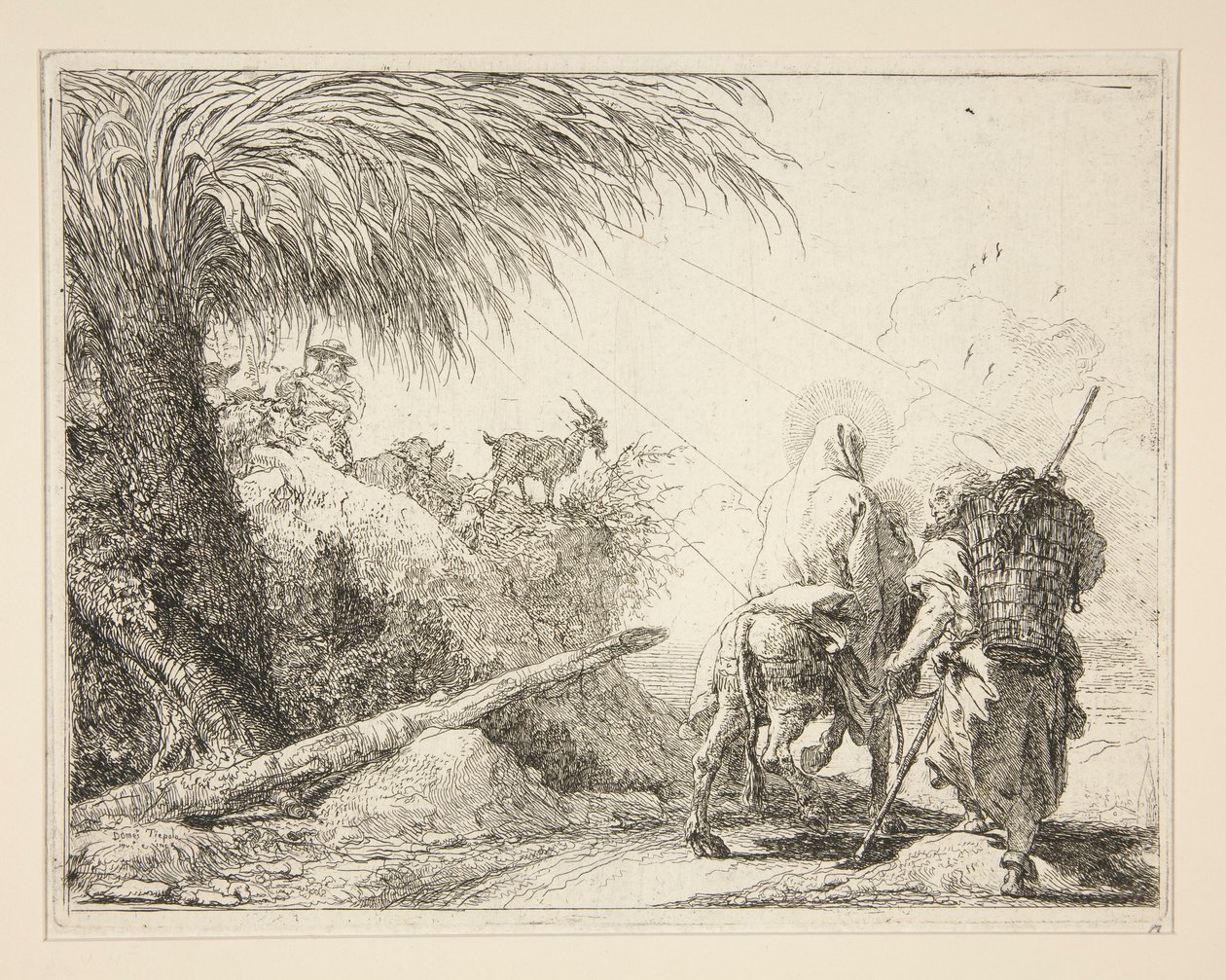 Neitsyt, asennettuna aasille ja katsottuna takaapäin, sarjasta Idee pittoresche sopra la fuga in Egitto (lento Egyptiin) tekijältä Giovanni Domenico Tiepolo