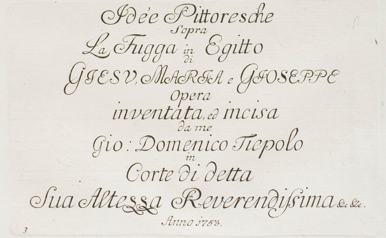 Pako Egyptiin -teoksen nimiölehti tekijältä Giovanni Domenico Tiepolo