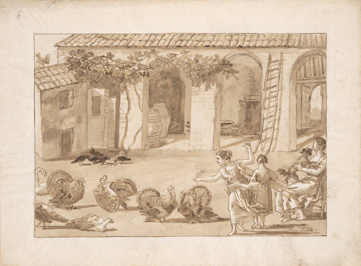 Kalkkunat venetsialaisella pihalla, kolmas piirustus Tiepolossa tekijältä Giovanni Domenico Tiepolo