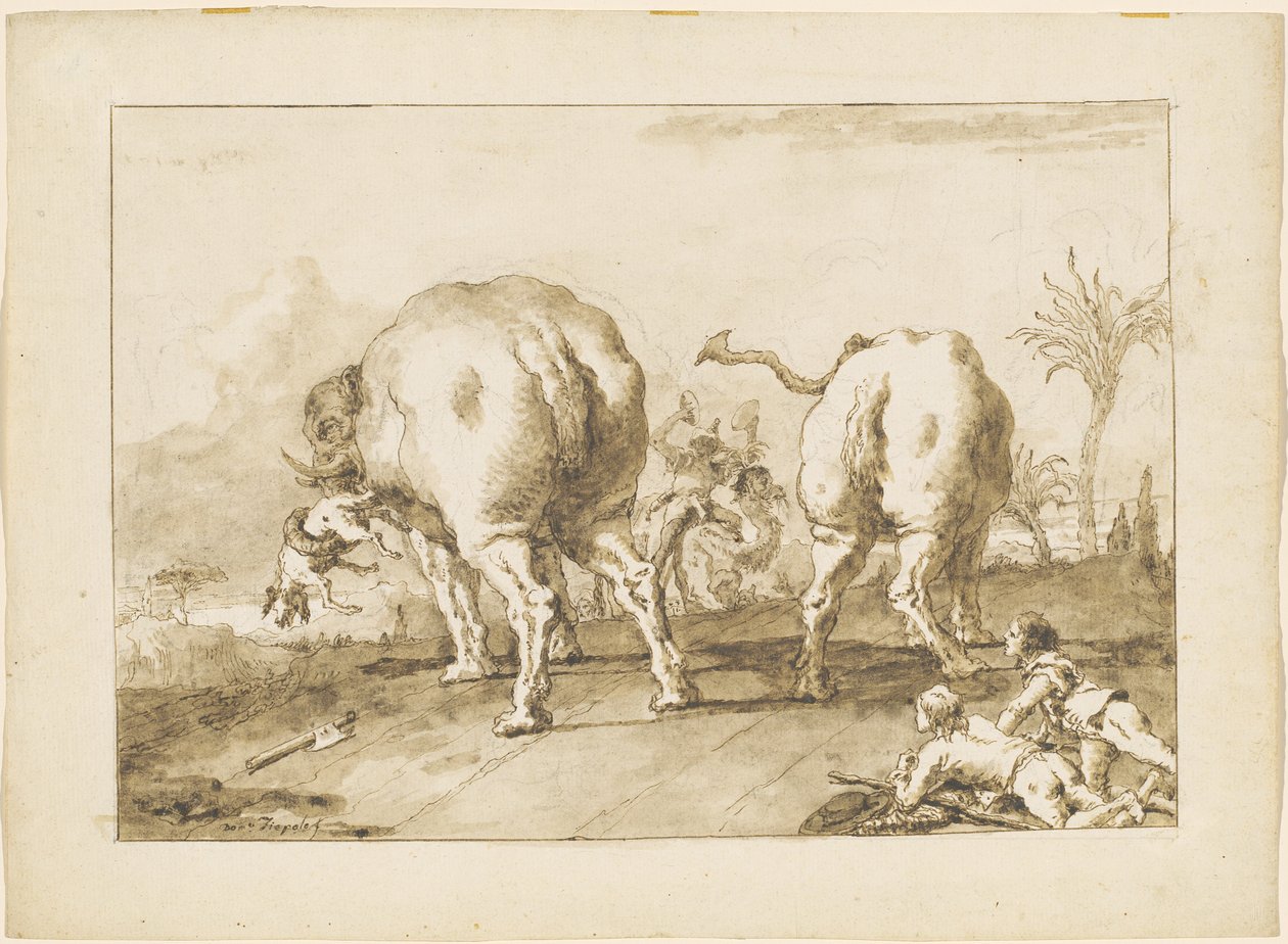 Kaksi riehuvaa norsua tekijältä Giovanni Domenico Tiepolo