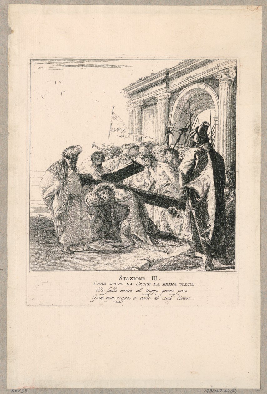 Via crucis - Station III, hän putoaa ristin alle ensimmäistä kertaa tekijältä Giovanni Domenico Tiepolo