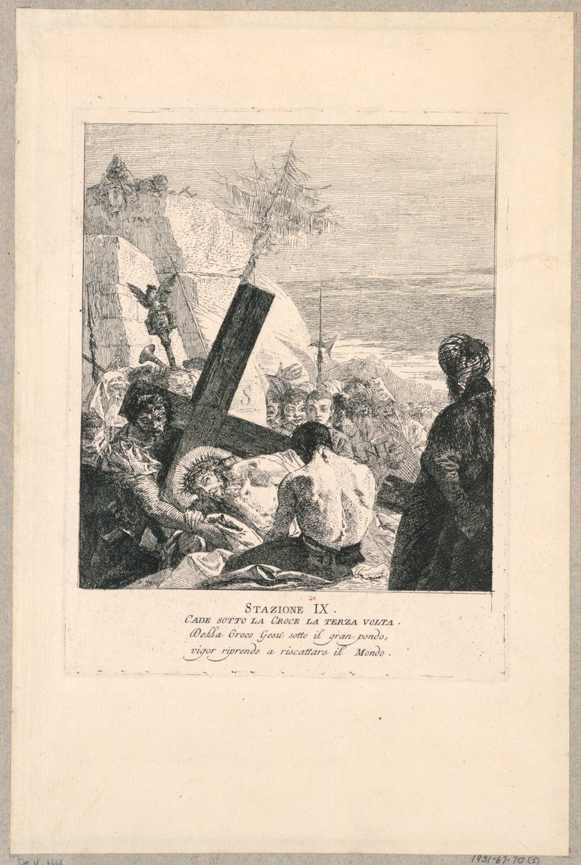 Via crucis - asema IX, hän putoaa ristin alle kolmannen kerran tekijältä Giovanni Domenico Tiepolo