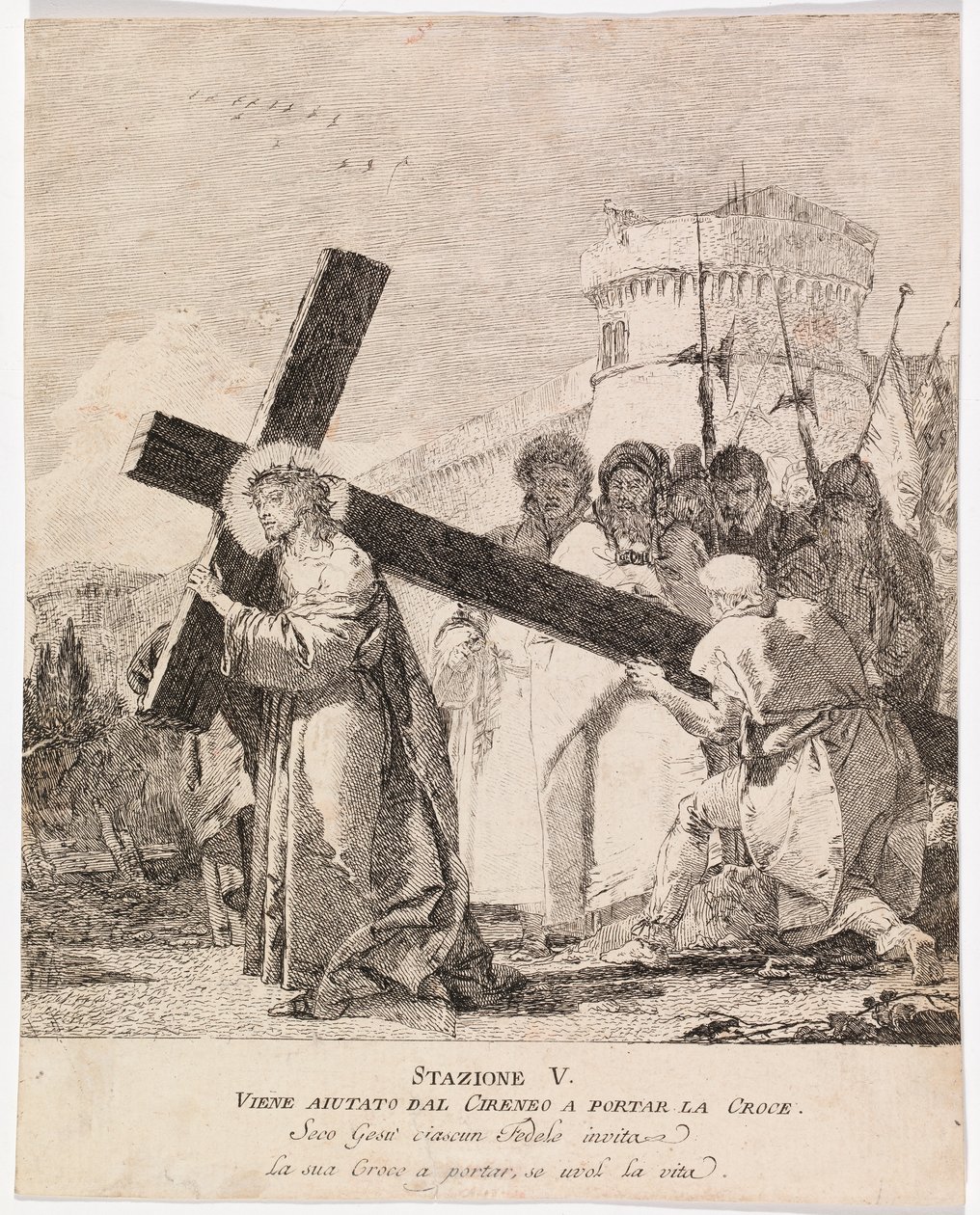 Via crucis - Asema V. Simon Kyreneläinen auttaa Jeesusta kantamaan ristiä. tekijältä Giovanni Domenico Tiepolo