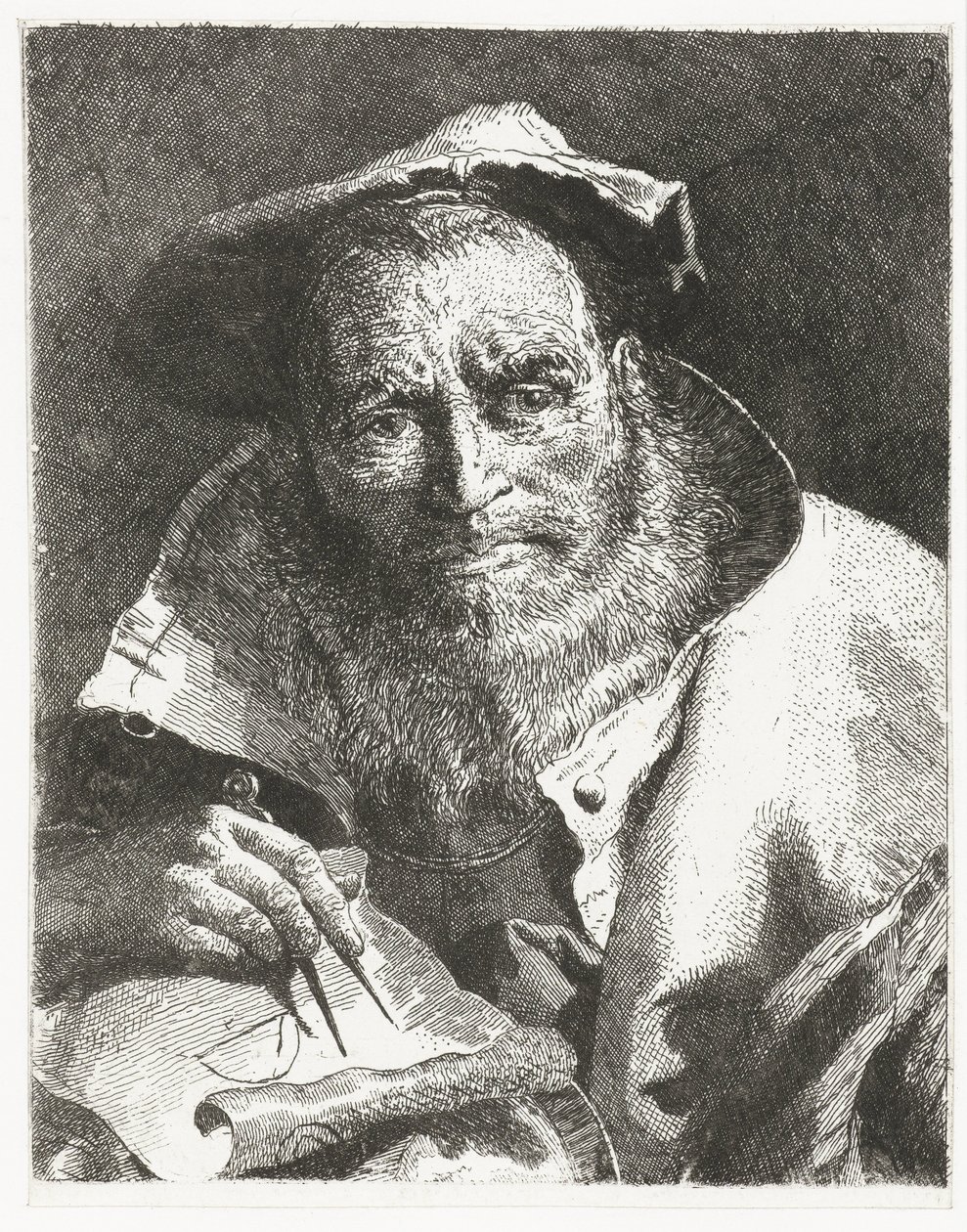 Tiedemies baretti päässä ja kompassi kädessään Pääkokoelma (sarjan nimi) Raccolta di Teste (sarjan nimi) tekijältä Giovanni Domenico Tiepolo