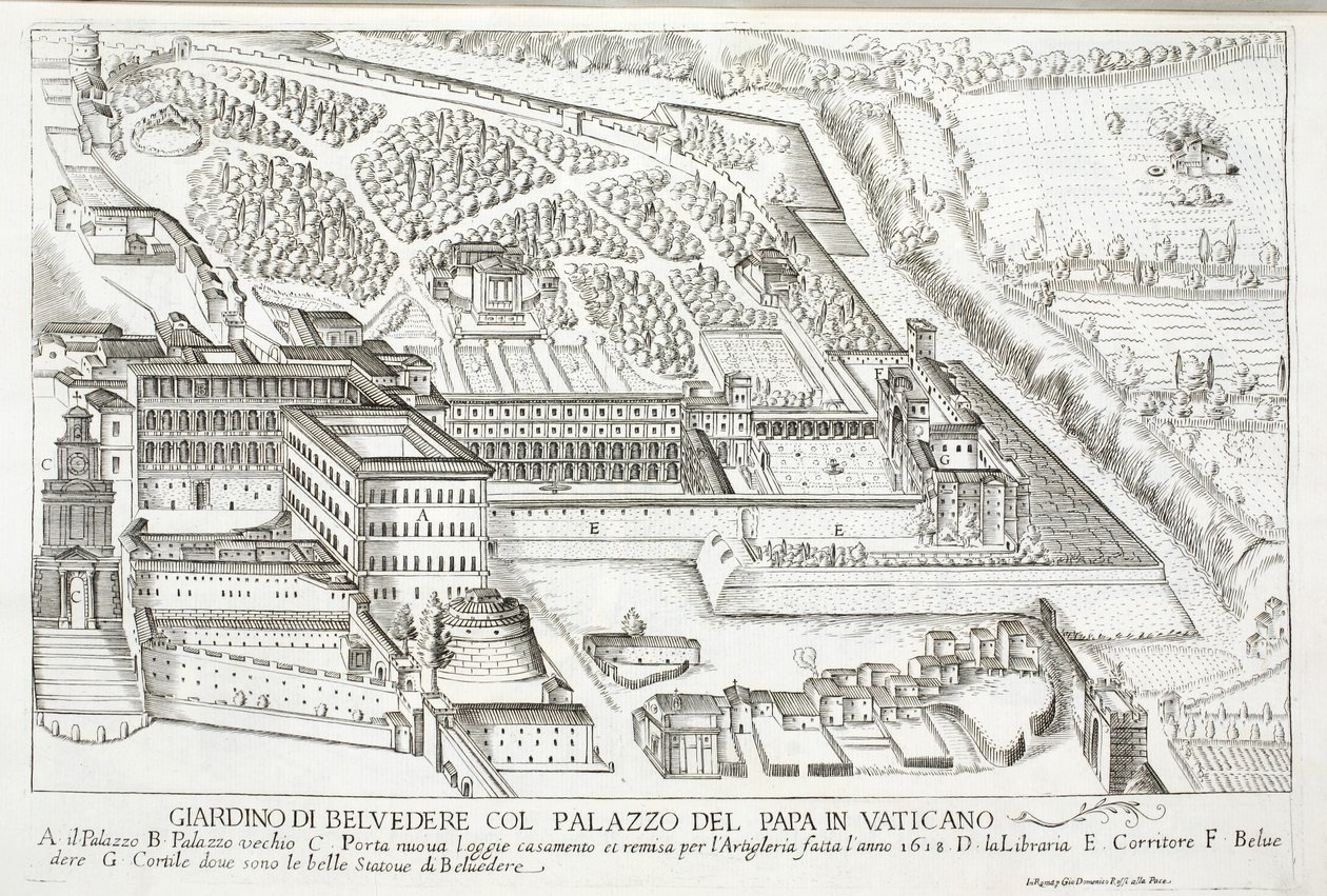 Näkymä Belvederen puutarhaan Paavin palatsissa, Vatikaanissa tekijältä Giovanni Domenico de