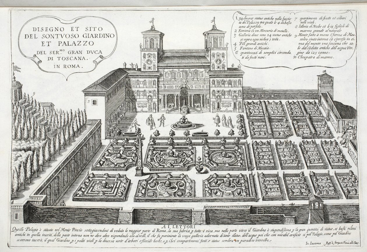 Näkymä Toscanan suurherttuan puutarhaan ja palatsiin, Roomaan tekijältä Giovanni Domenico de