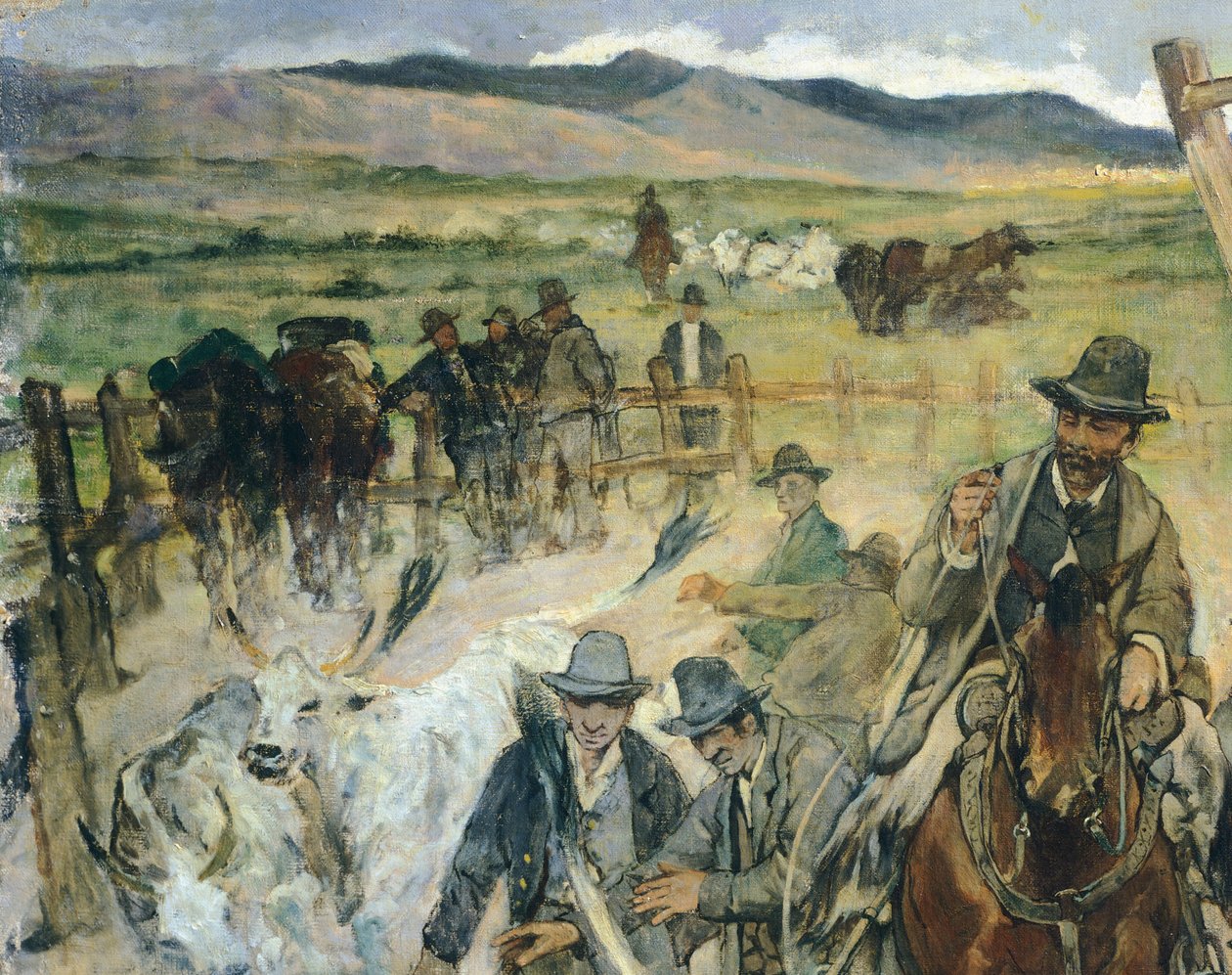 Nuorten härkien brändäys Maremmassa, noin 1887, Giovanni Fattori (1825-1908), 86x172 cm, Yksityiskohta tekijältä Giovanni Fattori