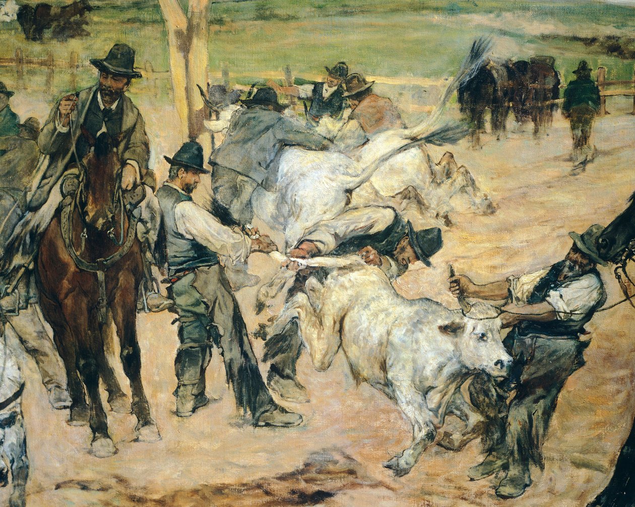 Nuorten härkien brändäys Maremmassa, noin 1887, Giovanni Fattori (1825-1908), 86x172 cm, Yksityiskohta tekijältä Giovanni Fattori
