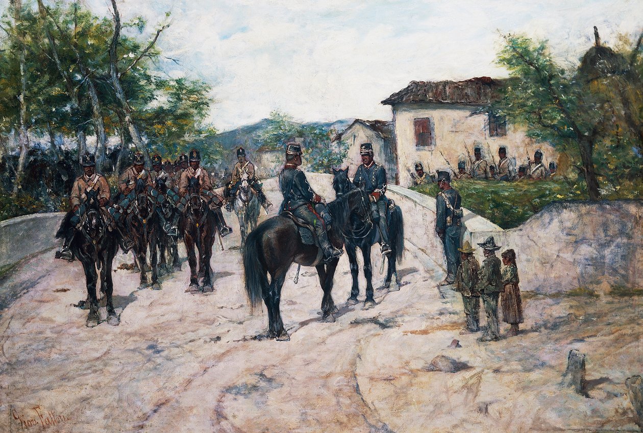 Ratsuväkipysähdys, n. 1890, kirjoittanut Giovanni Fattori, öljy kankaalle, 55x80 cm tekijältä Giovanni Fattori