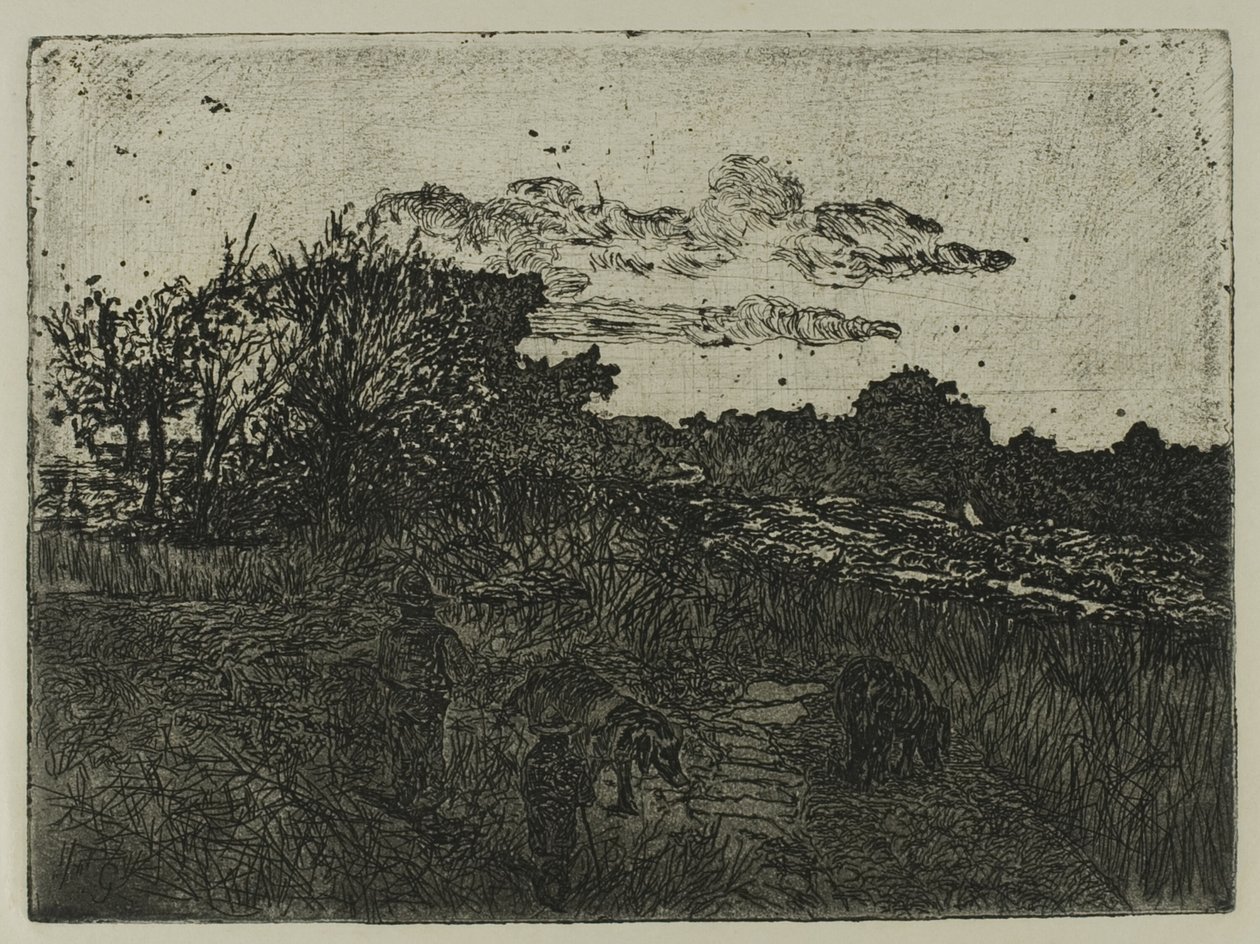 Maa auringonlaskun aikaan sikapaimen kanssa tekijältä Giovanni Fattori