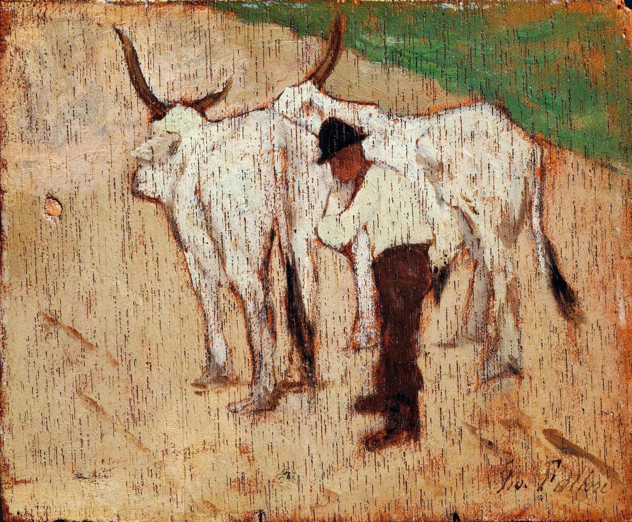Paimen ja karja, Giovanni Fattori (1825-1908), öljy paneelille tekijältä Giovanni Fattori