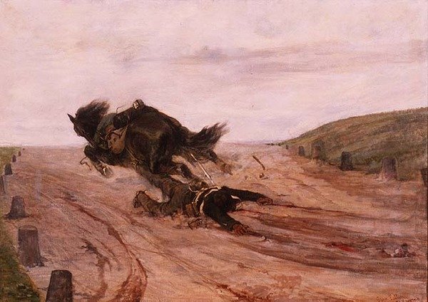 Mies jää kiinni jalustimesta tekijältä Giovanni Fattori