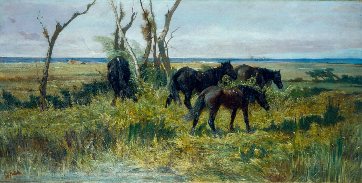 Maremman laidun. Laiduntavat hevoset, noin 1872 (öljy kankaalle). tekijältä Giovanni Fattori