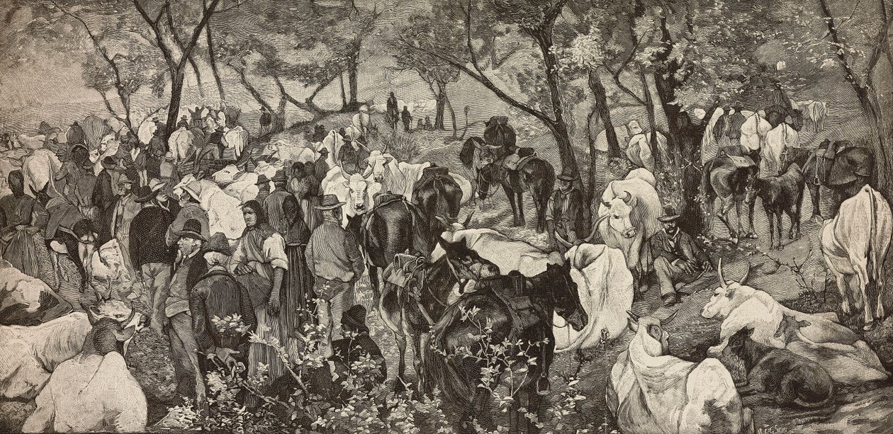 Markkinat Toscanan Apenniineilla, kaiverrus Giovanni Fattorin (1825-1908) maalauksesta, L