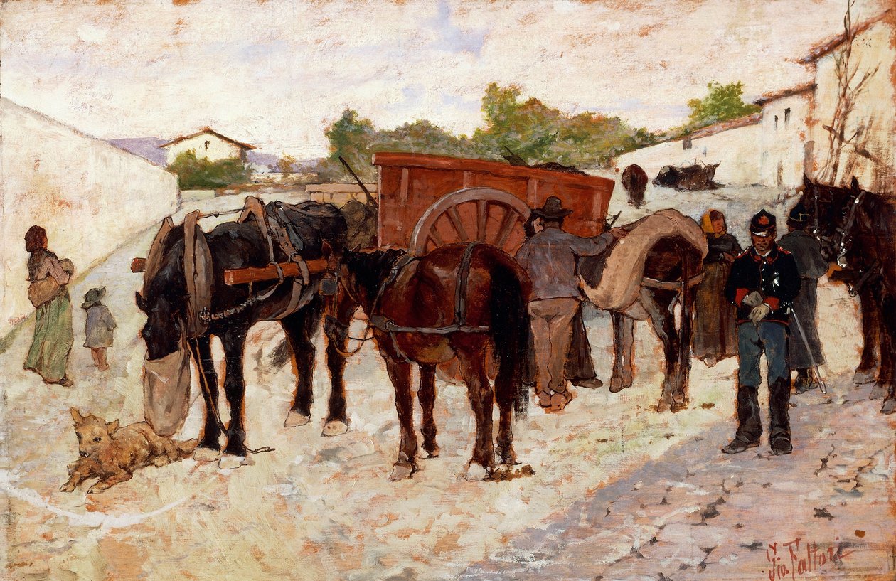 Pysähdys Maremmassa tai Giovanni Fattorin (1825-1908) maalaiselämän kohtaus, öljy kankaalle, 28x42 cm tekijältä Giovanni Fattori