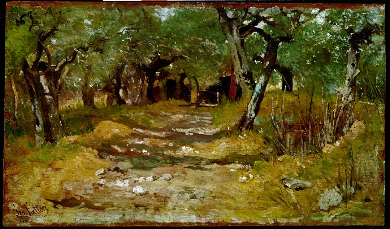 Polku oliivien välillä Giovanni Fattorin (1825-1908) maalaus 1890-1900 su. 19x33 cm Firenze, Galleria d