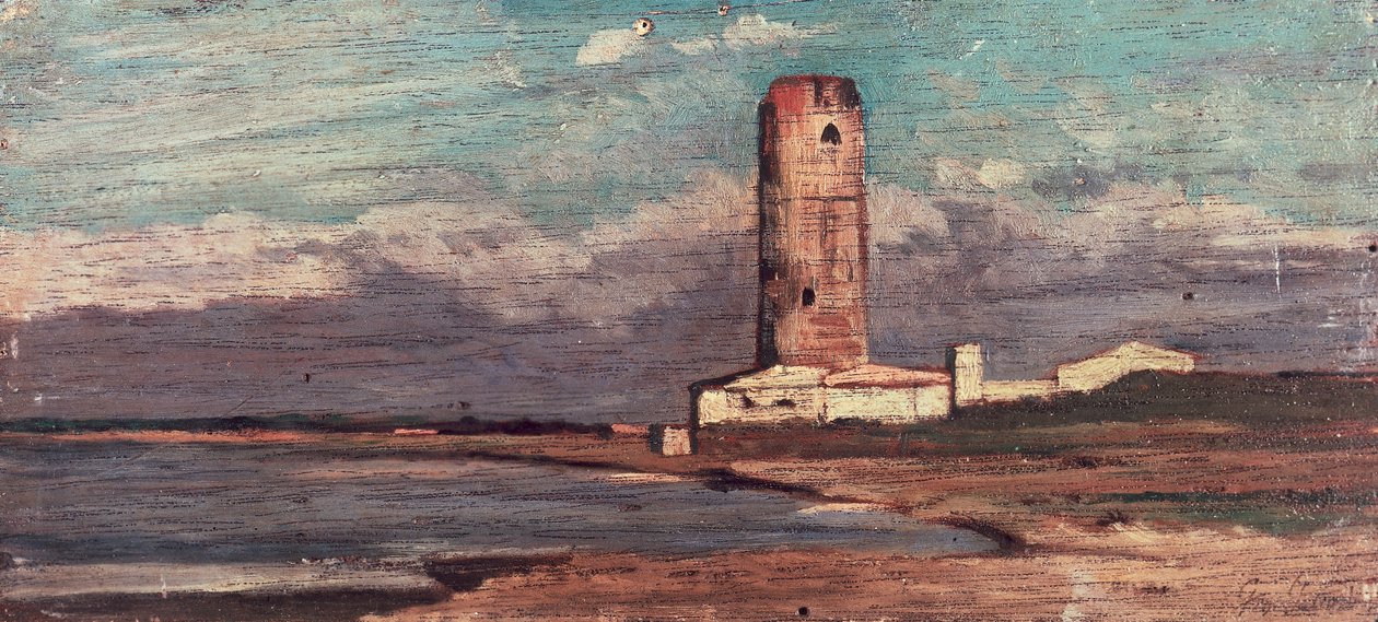 Marzoccon torni eli Giovanni Fattorin (1825-1908) punainen torni, öljy paneelille tekijältä Giovanni Fattori