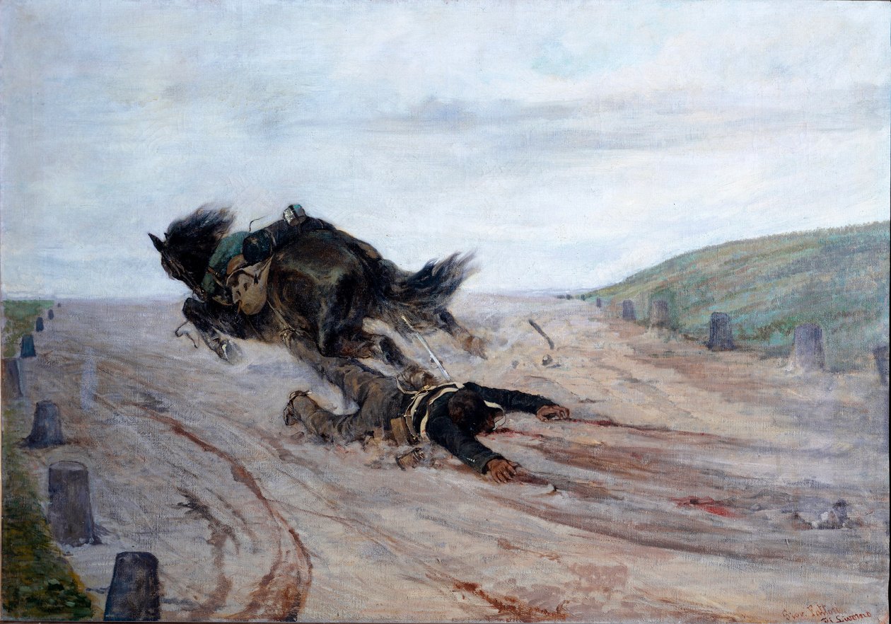 Jalka hevosessa Hevonen putoaa. Giovanni Fattorin (1825-1908) maalaus 1878-1879 Mitat 90x130 cm Firenze, Modernin taiteen galleria tekijältä Giovanni Fattori