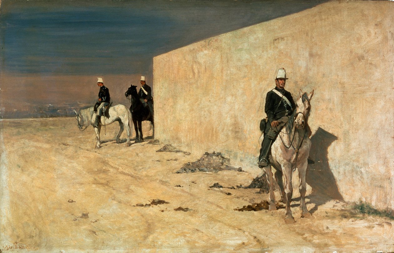 Näköala (Valkoinen seinä) Ratsumiehet seisovat vartiossa valkoisen muurin edessä autiomaassa. Giovanni Fattorin (1825-1908) maalaus tekijältä Giovanni Fattori