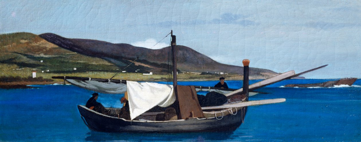 Romiton kärki veneellä ja kalastajilla, kirjoittanut Giovanni Fattori (1825-1908), öljy paneelille, 22,5x56,5 cm tekijältä Giovanni Fattori