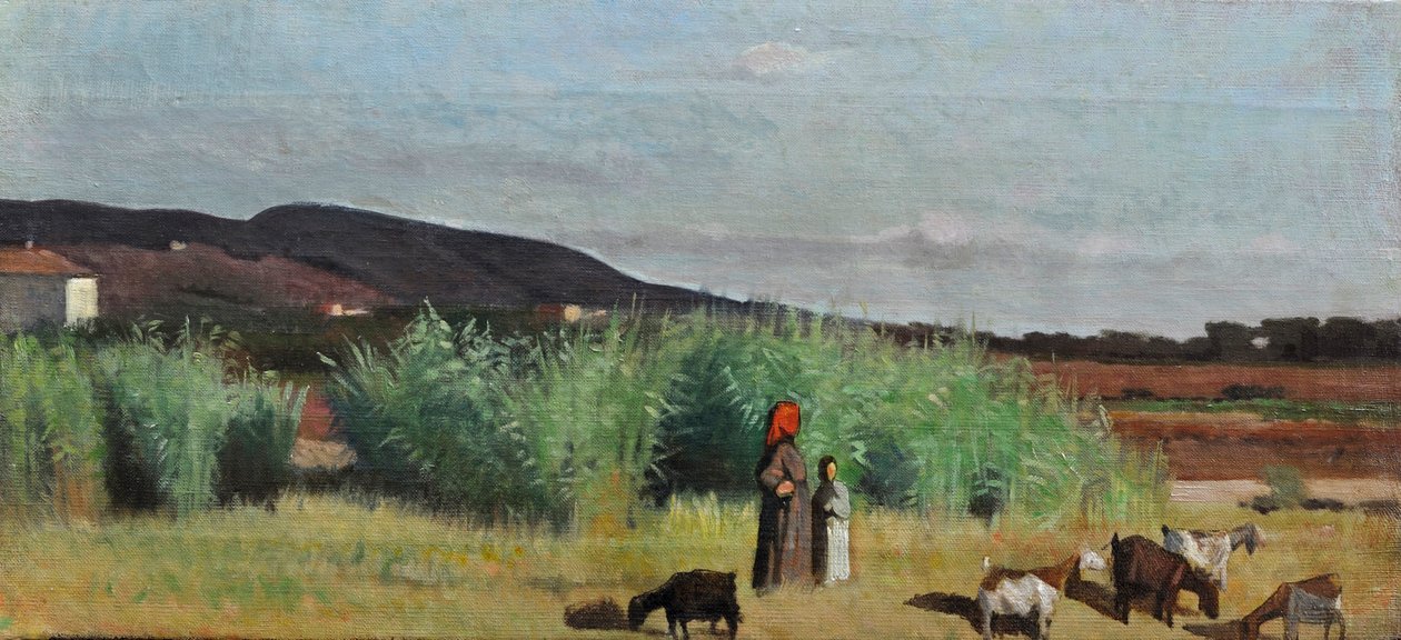 Kaksi talonpoikaista naista laumojen kanssa Livornon maaseudulla, noin 1865 (öljy kankaalle). tekijältä Giovanni Fattori