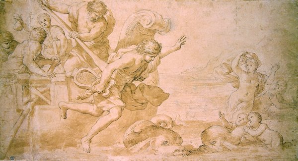 Arion and the Dolphins (kynä ja ruskea muste ja pese paperille) tekijältä Giovanni Francesco Romanelli