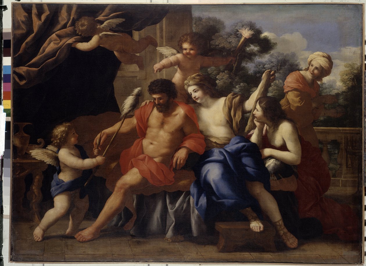 Hercules ja Omphale (Hercules ja Omphale). Giovanni Francesco Romanellin (1610-1662) maalaus, öljy kankaalle, noin 1650. Italialaista taidetta tekijältä Giovanni Francesco Romanelli