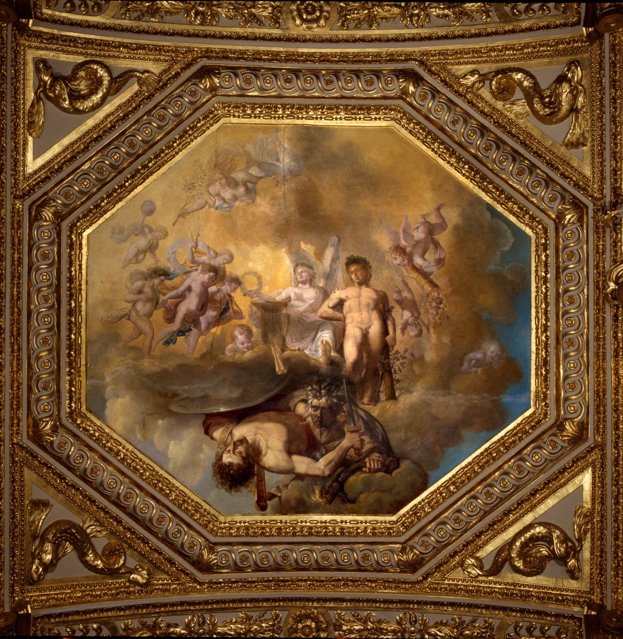 Persee tappamassa Meduset. Giovanni Romanellin (1601-1662) maalaus Itävallan kuningatar Annen (1601-1666) kesäasuntojen makuuhuoneen Antonine Hallin kattoa koristamassa. Noin 1655-1658. Pariisi, Louvre-museo. tekijältä Giovanni Francesco Romanelli