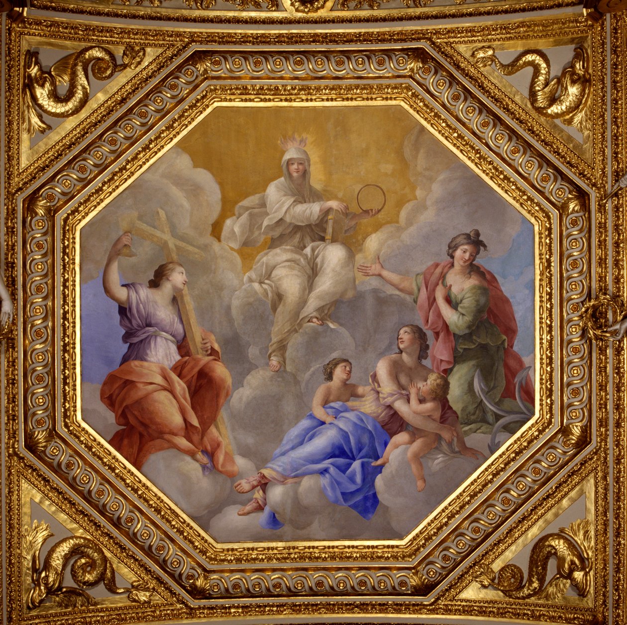 Uskonto ja teologiset hyveet (usko, rakkaus, esperanssi). Giovanni Romanellin (1601-1662) maalaus Itävallan kuningatar Annen (1601-1666) kesäasuntojen makuuhuoneen Antonine Hallin kattoa koristamassa. Noin 1655-1658. Pariisi, Louvre Mus tekijältä Giovanni Francesco Romanelli