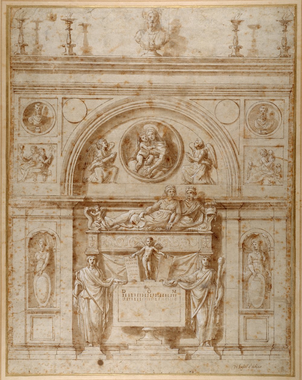 Suunnittelu seinähaudalle etruskien tyyliin (kynä & muste paperille) tekijältä Giovanni Francesco (c.1488 1528) Penni