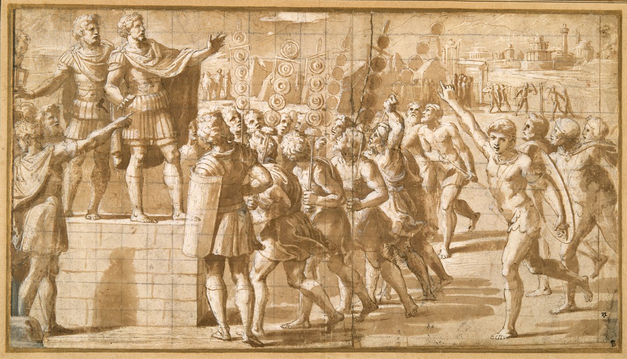 Keisari Konstantinus puhutteli joukkojaan, hätkähdytti näky rististä taivaalla (kynä ja ruskea muste ruskealla pesulla ja korosteella) tekijältä Giovanni Francesco (c.1488 1528) Penni