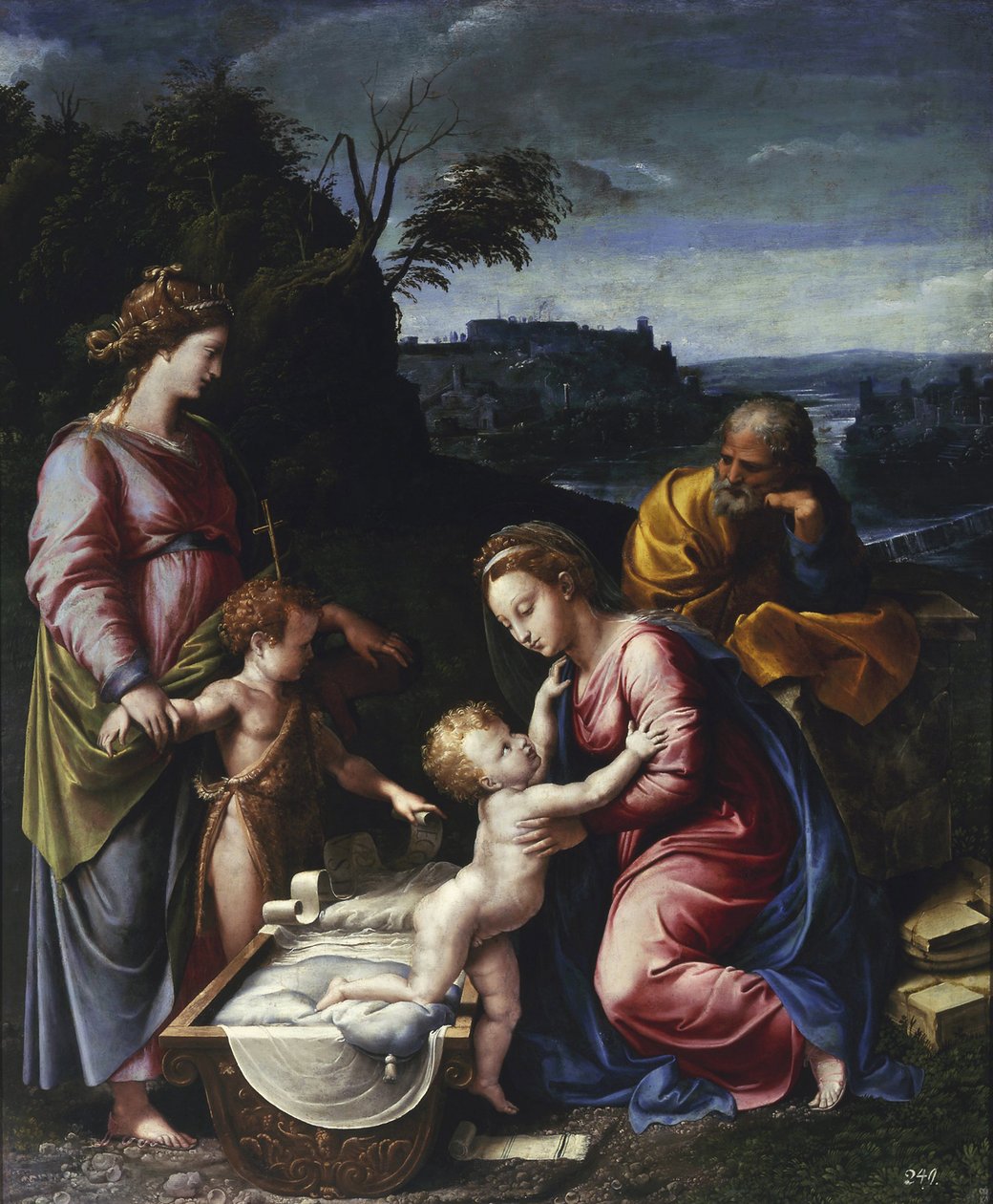 Pyhä perhe nuoren Johannes Kastajan ja Pyhän Katariina par Pennin kanssa, Gianfrancesco (1496-1528). Öljy puulle, koko: 115,5x95, n. 1525, Narodowe-museo, Varsova tekijältä Giovanni Francesco (c.1488 1528) Penni