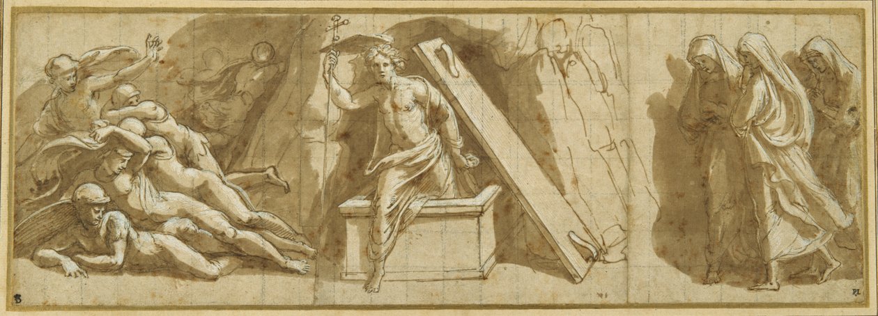 The Resurrection (kynä ja ruskea muste ja valkoinen vartaloväri paperilla) tekijältä Giovanni Francesco (c.1488 1528) Penni