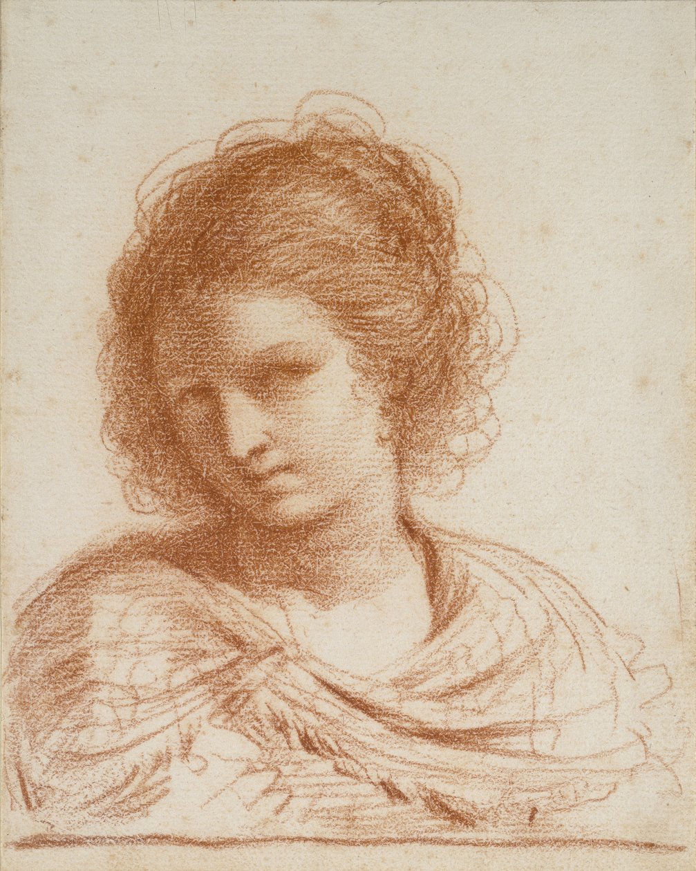 Nuoren naisen pää, 1650 - 1666 (punainen liitu valkoisella paperilla) tekijältä Giovanni Francesco Barbieri