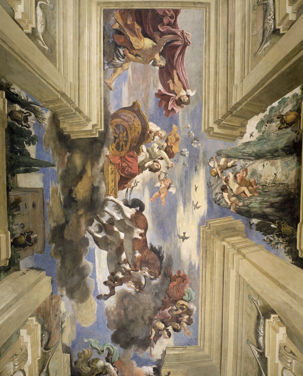 Sala di Aurora Aamunkoiton sali Aamunkoiton vaunuja kuvaava yksityiskohta katosta, 1621, tempera paneelilla tekijältä Giovanni Francesco Barbieri