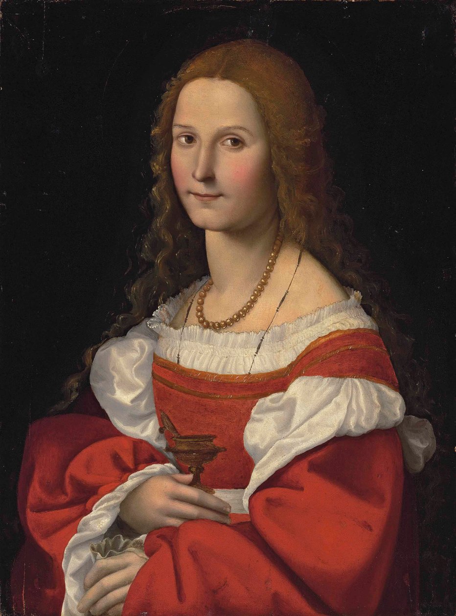 Muotokuva naisesta Maria Magdaleenana, puolipitkä, punainen mekko ja helmikaulakoru. tekijältä Giovanni Francesco Caroto