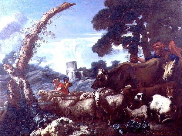 Maanviljelijät nautojen ja lampaiden kanssa tekijältä Giovanni Francesco Castiglione