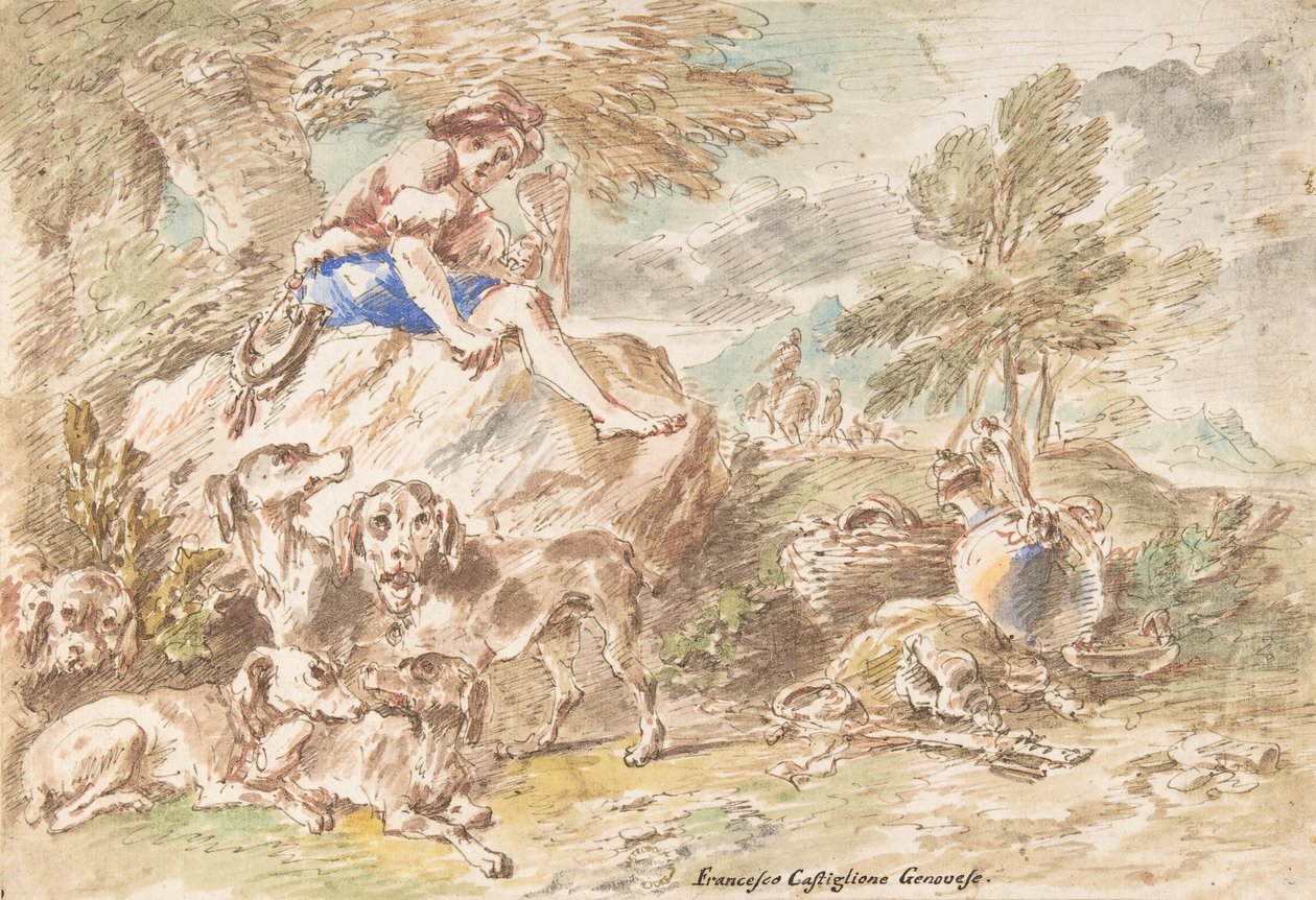 Nuori metsästäjä koirien kanssa maisemassa, 1641-1710. tekijältä Giovanni Francesco Castiglione