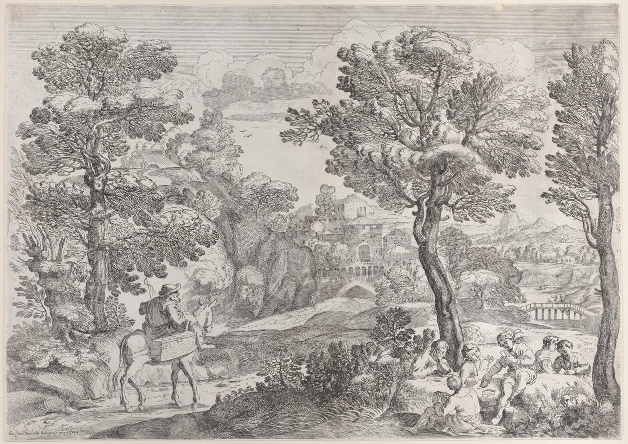Oikealla ryhmä ihmisiä pelaamassa korttia ja vasemmalla mies hevosen selässä, 1626-80. tekijältä Giovanni Francesco Grimaldi