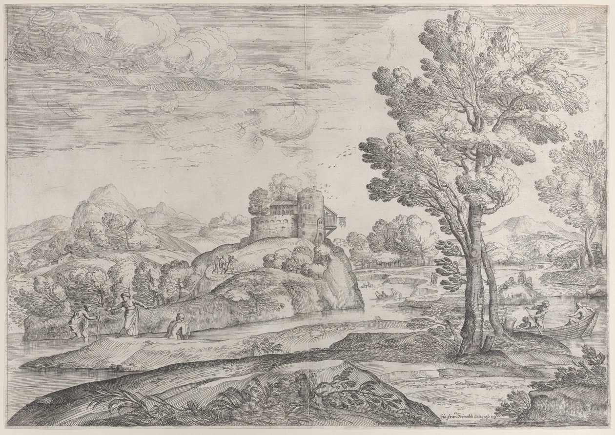Talo pyöreän kiven päällä keskellä, ihmisiä joessa ja kanooteissa, 1626-80. tekijältä Giovanni Francesco Grimaldi