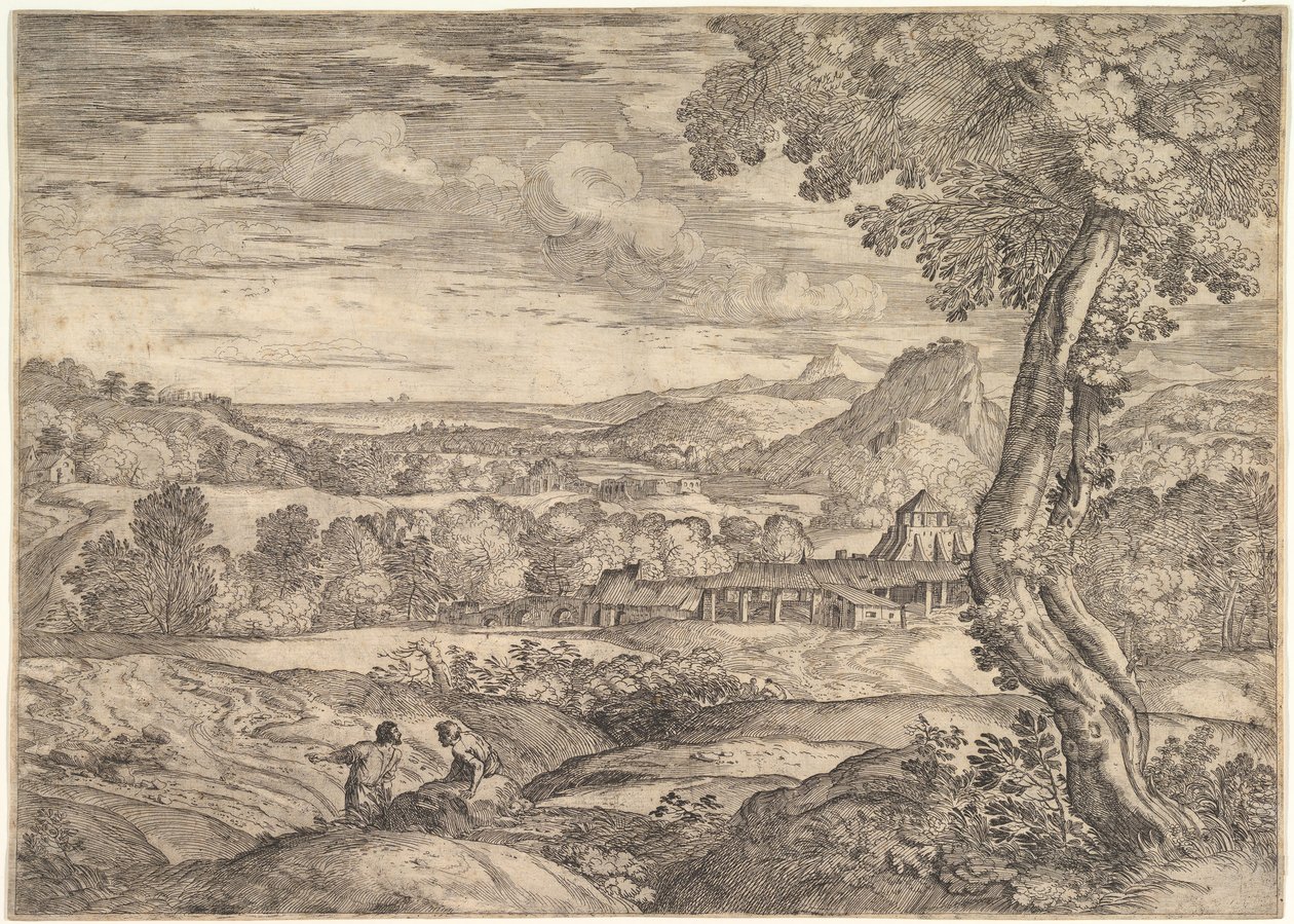 Maisema, jossa tiilitehdas keskellä, seisova mies etualalla p..., 1626-80. tekijältä Giovanni Francesco Grimaldi