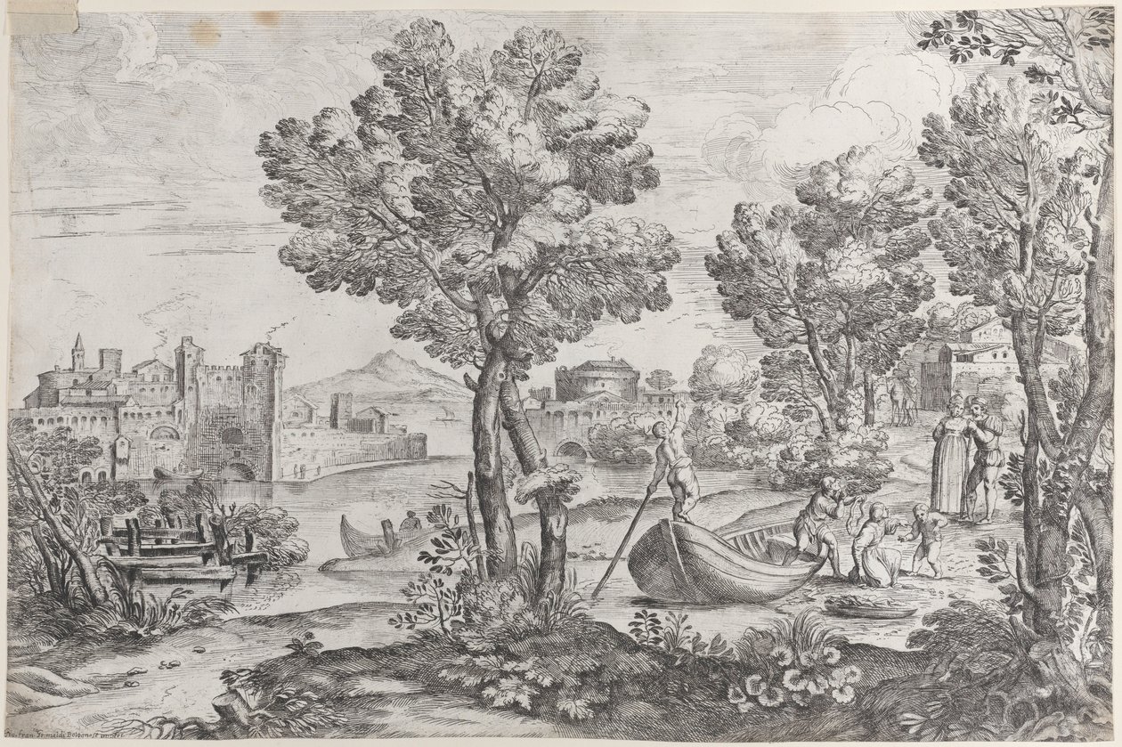 Maisema, jossa mies pitelee käärmettä kauhistuneelle lapselle, jota katselee muodikas dre..., 1626-80. tekijältä Giovanni Francesco Grimaldi