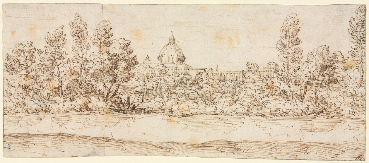 Jokimaisema, josta on näkymät Pietarinkirkolle, vuoden 1660 jälkeen. tekijältä Giovanni Francesco Grimaldi